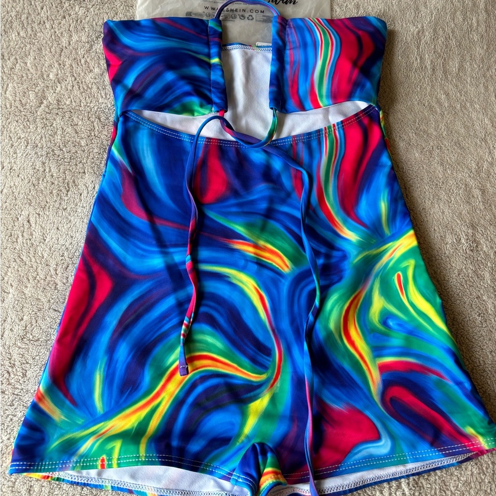 SHEIN halter neck tie up rainbow romper swimsuit